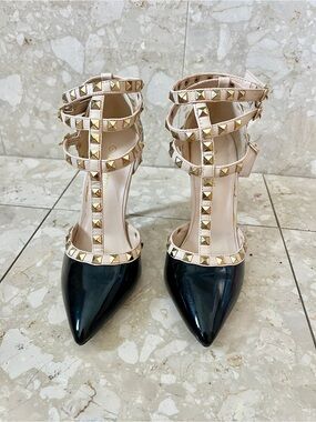 Wild Diva Black Patent Pointed Toe Heels with Nude Studded Straps